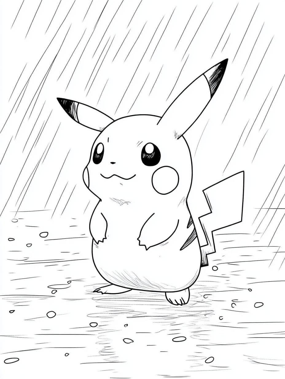 Ausmalbild Pikachu Under The Rain