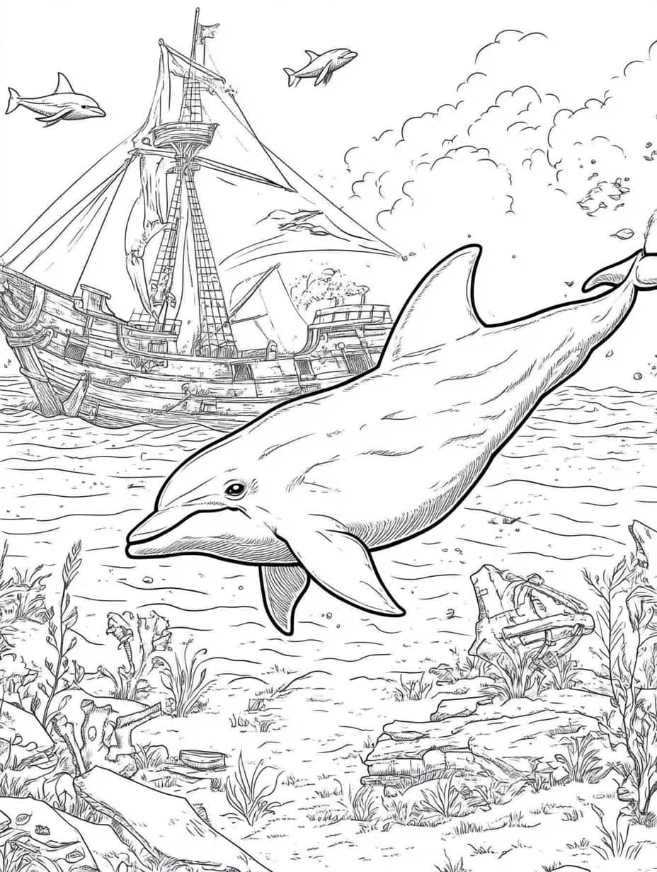 Ausmalbilder Delfin Und Piratenschiff