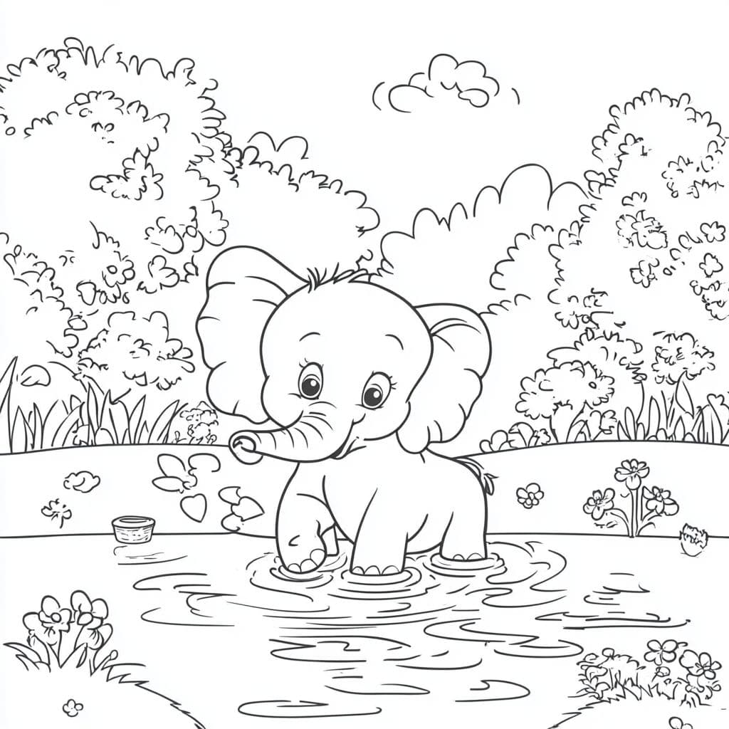 Ausmalbilder Elefant Spielt Im Wasser