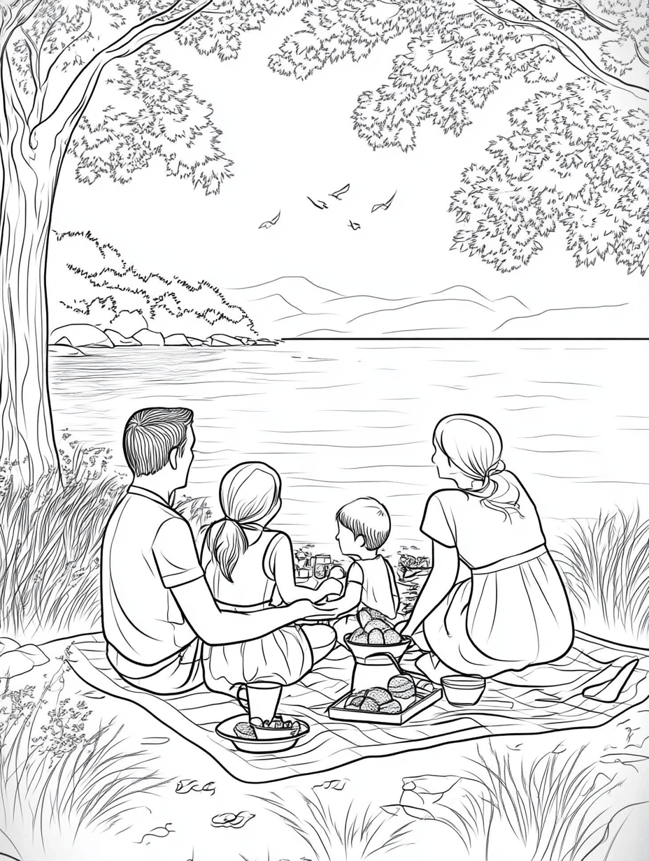 Ausmalbilder Familie Beim Picknick Am See