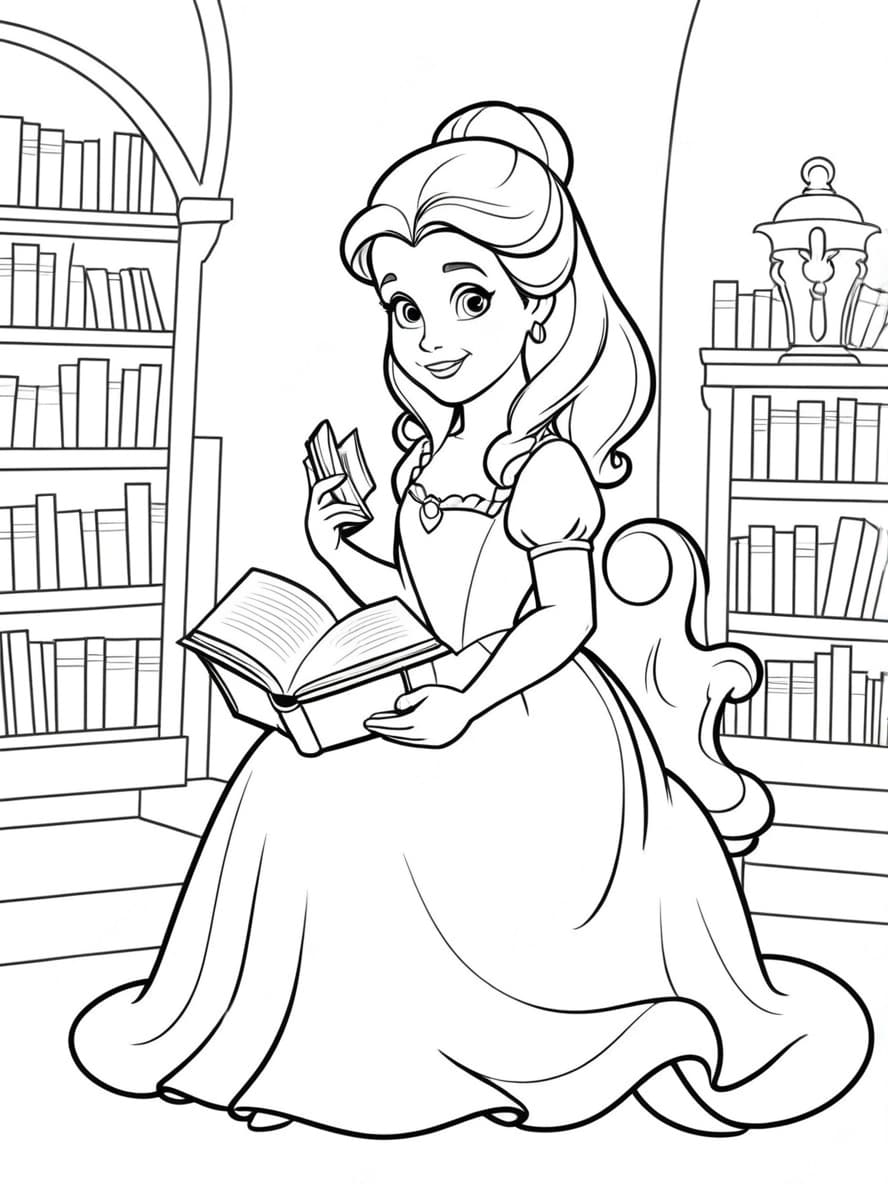 Ausmalbilder Prinzessin Belle In Der Bibliothek