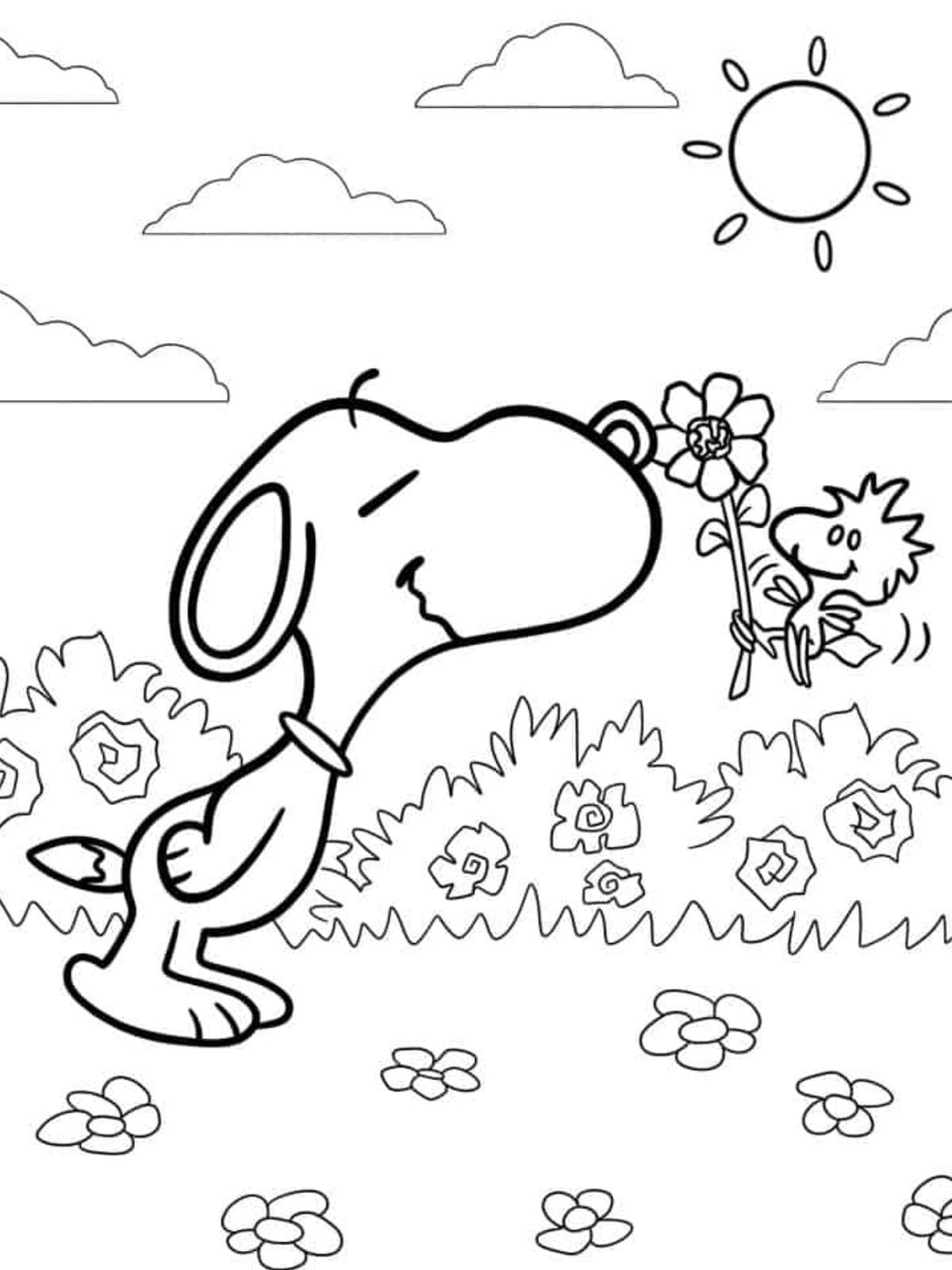 Ausmalbilder Snoopy Und Woodstock Spielen Sie Mit Blumen