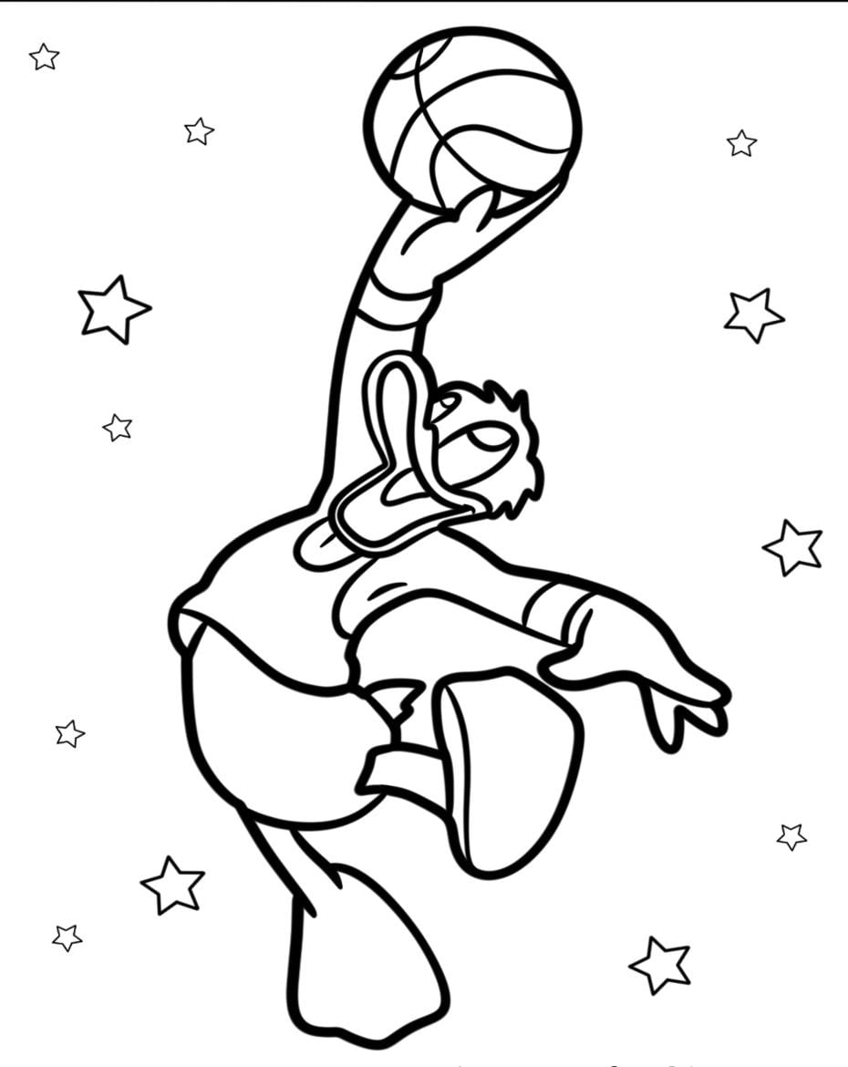 Donald Duck Playing Basketball Fun Coloring Sheet