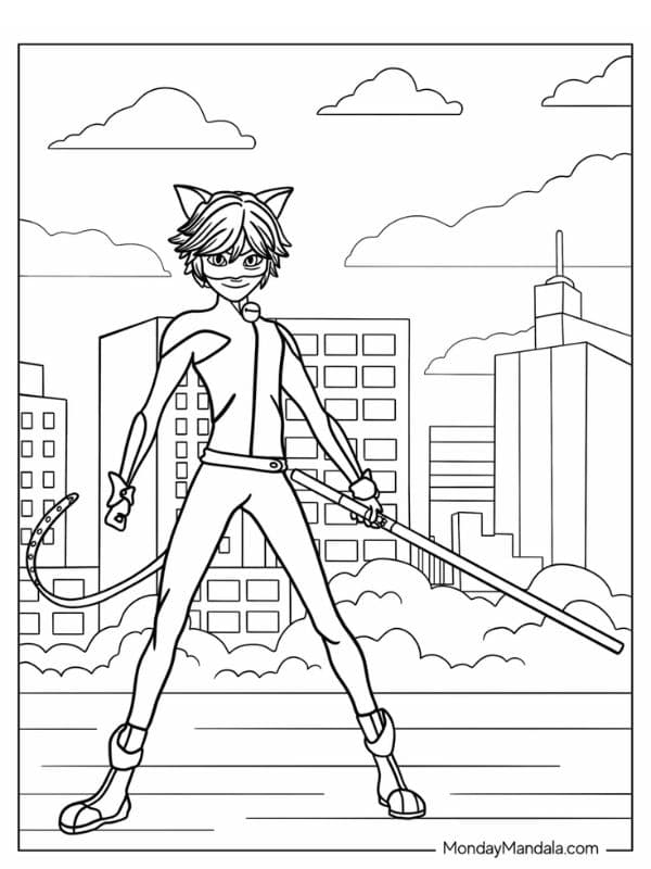 Miraculous Ladybug Ausmalbild Chat Noir Mit Stab