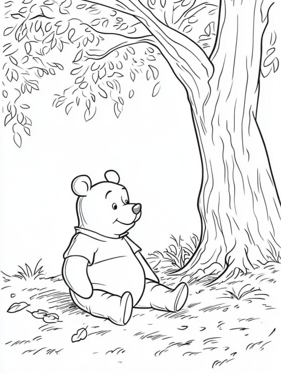 Pooh Bear Sitting Under A Tree Simple Outlines Wi